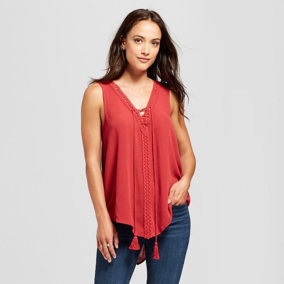 Knox Rose Tops - 282 Knox Rose Lace-Up Lace Trim Sleeveless Top
